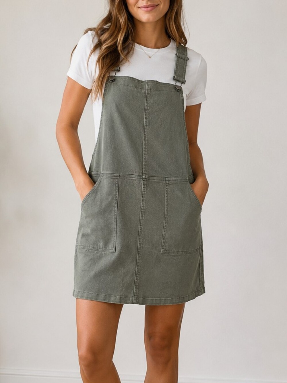 Harper Sage Green Cotton Pinafore Overall Dress